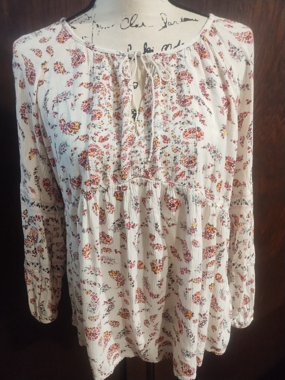Mixed Print Peasant Blouse Womens Large Ivory floral long sleeve balloon sleeve